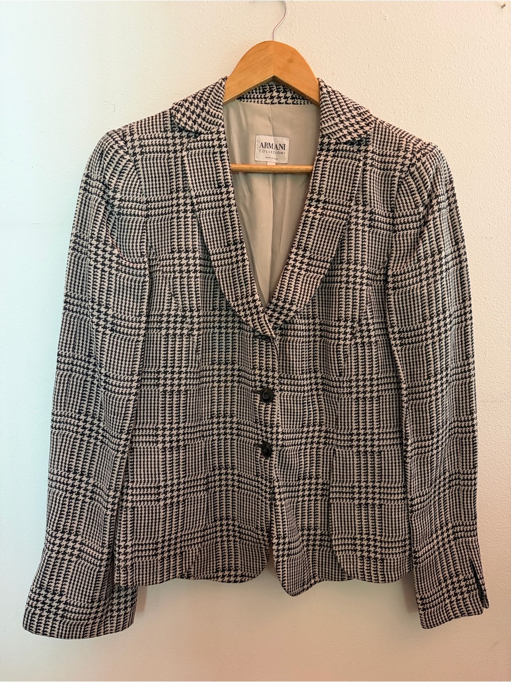Armani Collezioni Black & White Glen Plaid Linen Blend Blazer Made in Italy